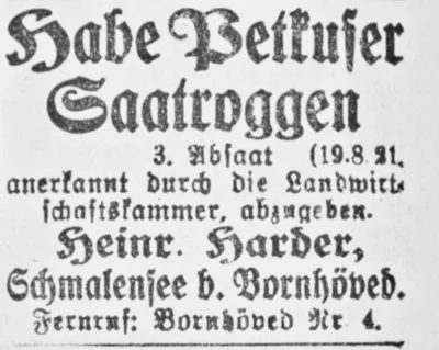 Heinrich Harder verkauft Roggensaat, SKTB 21 08 1921 