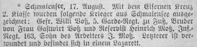 Kriegsnachrichten von Willi Vo&szlig; und Heinrich Mo&szlig;, SKTB 18 08 1916 
