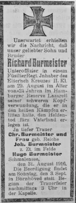 Richard Burmeister gefallen, SKTB 02 09 1916 