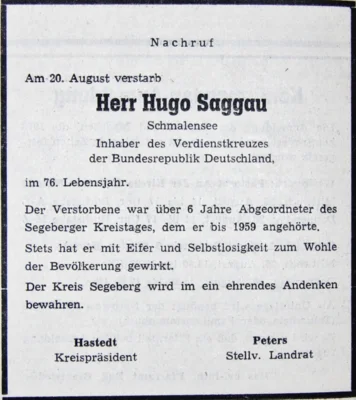 Trauer um Hugo Saggau, Kreis Segeberg, SZ 24 08 1971 