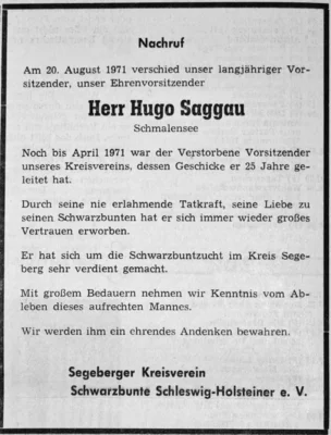 Trauer um Hugo Saggau, Schwarzbunte, SZ 23 08 1971 