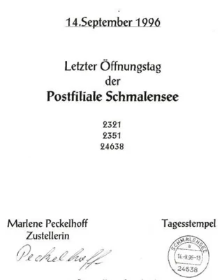 Letzter Post-Tagesstempel Schmalensee am 14 09 1996 
