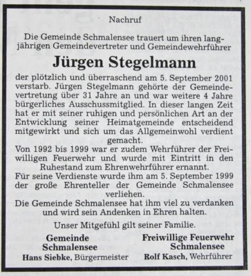 Trauer um J&uuml;rgen Stegelmann, SZ 10 09 2001 