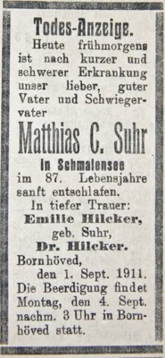 Trauer um Matthias Christian Suhr, SKTB 03 09 1911 