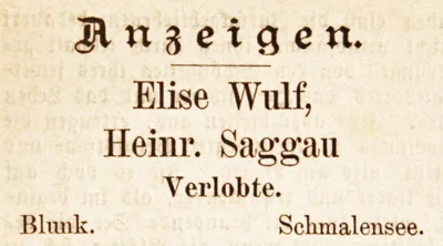 Verlobung von Heinrich Saggau und Elise Wulf, SKWB 07 09 1886 