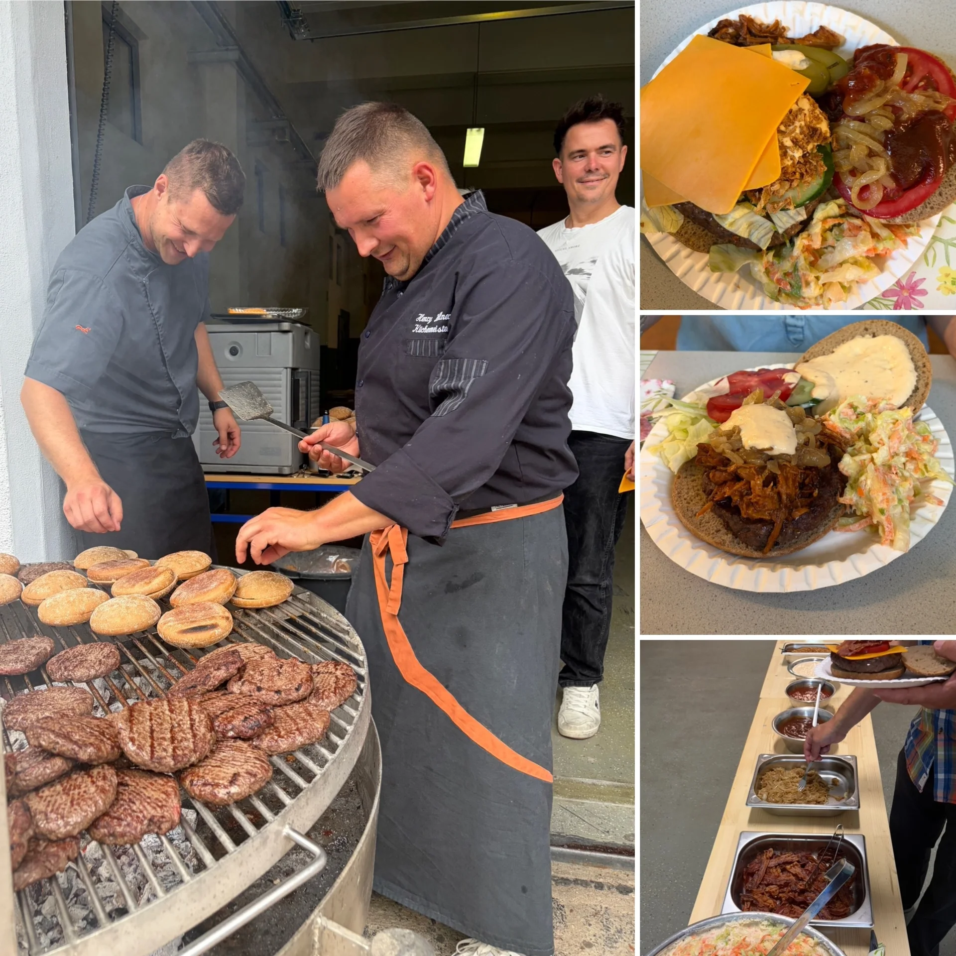 Bild: Burgerzubereitung auf Grill, Köche, Zutaten
