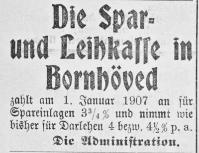 Spar- u  Leihkasse Bornh&ouml;ved, Zinsen ab 1907, SKTB 03 10 1906 
