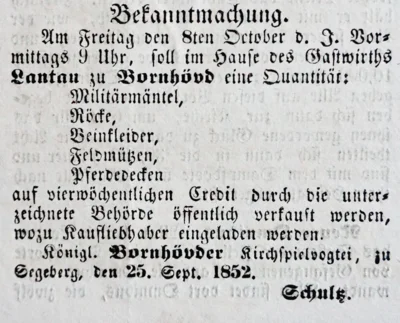 Verkauf von Militaria in Bornh&ouml;ved, SWB 02 10 1852 