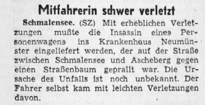 Verkehrsunfall bei Schmalensee, SZ 18 10 1956 