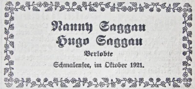 Verlobung Hugo und Nanny Saggau, SKTB 20 10 1921 