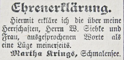 Ehrenerkl&auml;rung der Martha Krings an Willy Siebke, SKTB 1 11 1906 
