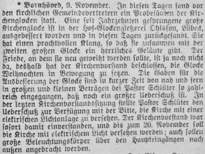 Glocke und elektrisches Licht f&uuml;r die Vicelin-Kirche, SKTB 10 11 1916 