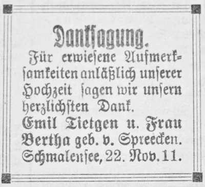 Hochzeit von Bertha und Emil Tietgen, SKTB 12 11 1911 