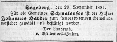 Johannes Harder Gemeindevorsteher-Stellvertreter, SKWB 01 12 1881 