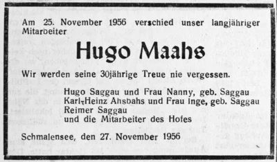 Trauer um Hugo Maahs, SZ 27 11 1956 