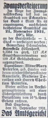 Zwangsversteigerung H&ouml;llenhorst, SKTB 08 10 1931 