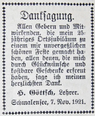 Danksagung Lehrer Heinrih G&ouml;ttsch, SKTB 11 11 1921 