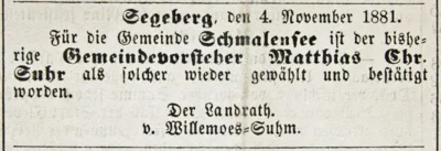 Gemeindevorsteher Matthias Christian Suhr, SKWB 08 11 1881 