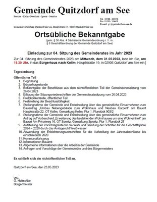 Einladung zur 04. Sitzung des Gemeinderates im Jahr 2023
