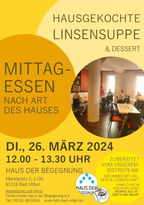 Veranstaltung: Mittagessen nach Art des Hauses - heute: Linsensuppe - JUMMI