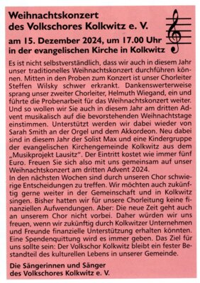 Ankündigung des Weihnachtskonzertes 2024 im Amtsblatt der Gemeinde Kolkwitz