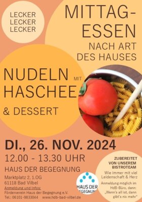 Veranstaltung: Mittagessen nach Art des Hauses - Heute gibt's Nudeln mit Hasche Di 26.​11.​2024