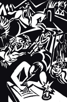 Abb.: Hanns Wienhausen, Linolschnitt zum Simplicissimus, um 1990, Stiftung Grimmelshausen-Archiv