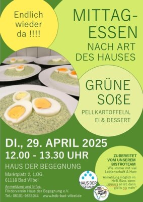 Veranstaltung: Mittagessen nach Art des Hauses - Heute gibt es GRÜNE SOßE Di 29.​04.​2025