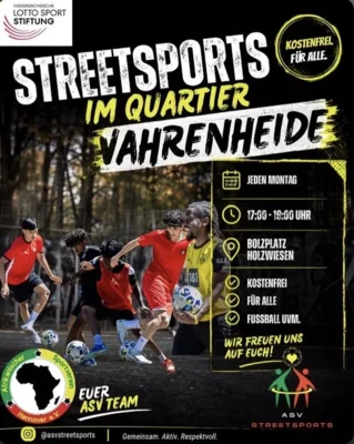 Fußballspielende junge Menschen und Infos (Bild vergr&ouml;&szlig;ern)