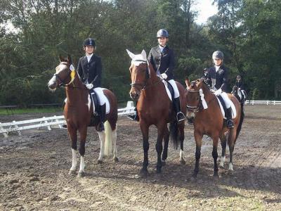 Pauline Rei&szlig; - Castella (2.v.l.) und Hanna Rehpenning - Pebbels vM (3.v.l.) Siegerehrung Dressur E8  (Bild vergr&ouml;&szlig;ern)