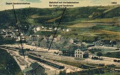 Vorschaubild: 1902 - Depot Sandsteinbehau und Bahnhof mit Verladestation Vieh und Sandstein