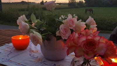 Foto: Abendstimmung vordere Terrasse (Bild vergrößern)