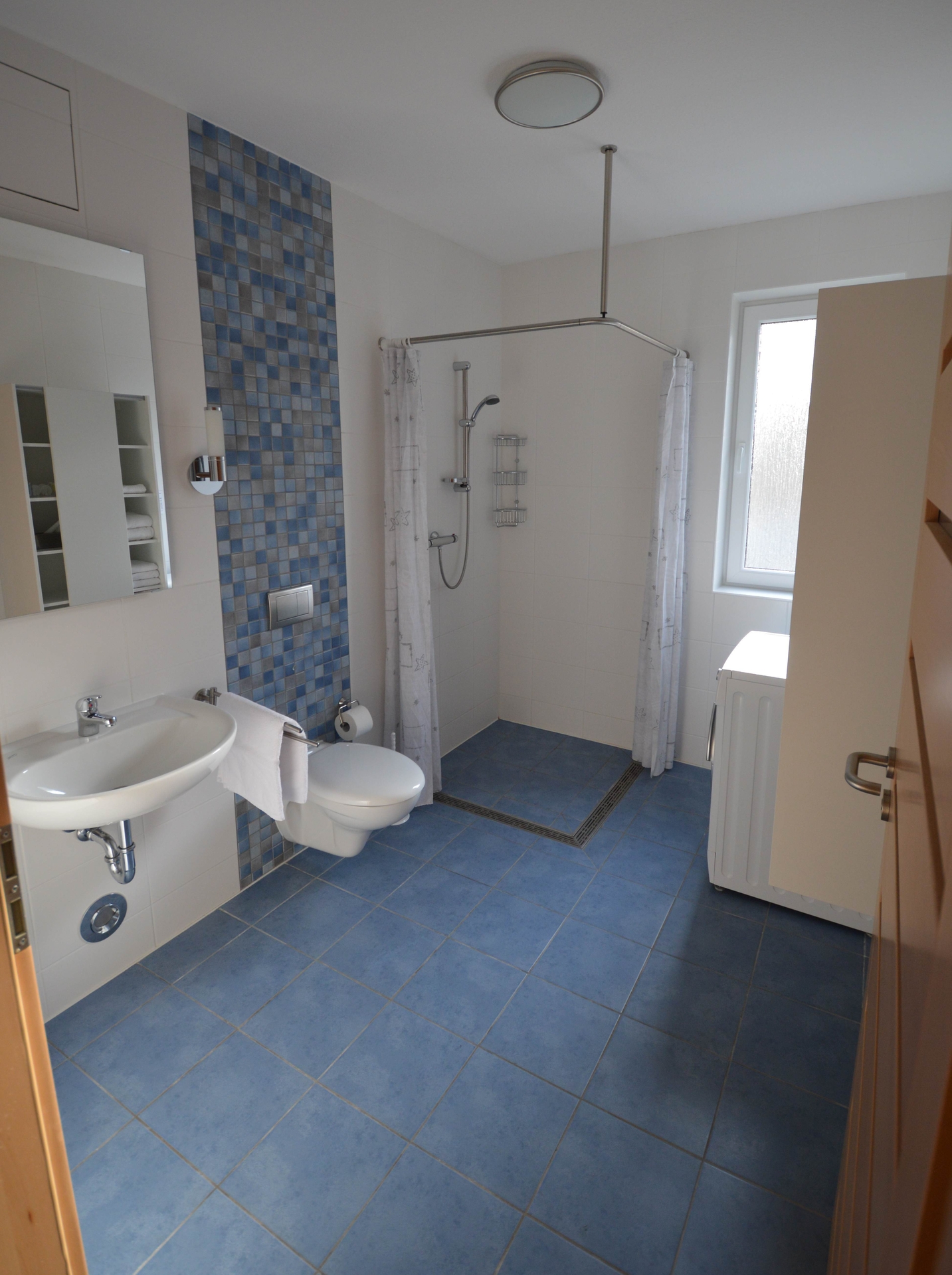 Das Bad mit Waschbecken, WC, F&ouml;hn, Badschrank, Handtuchhalter und Dusche.  (Bild vergr&ouml;&szlig;ern)