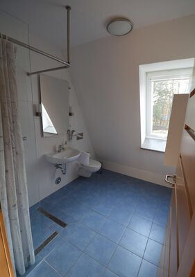 Vorschaubild: The bathroom includes washbasin, WC, hairdryer, bathroom cupboard, towel rail and shower.