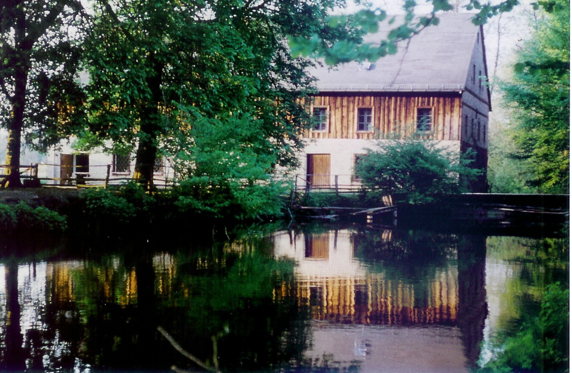 Bild: Blick vom Teich auf das Mühlengebäude
