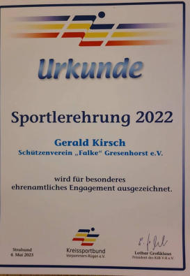 Bild: Auszeichnung des Kreissportbundes Vorpommern - Rügen für unseren Sportfreund Gerald Kirsch