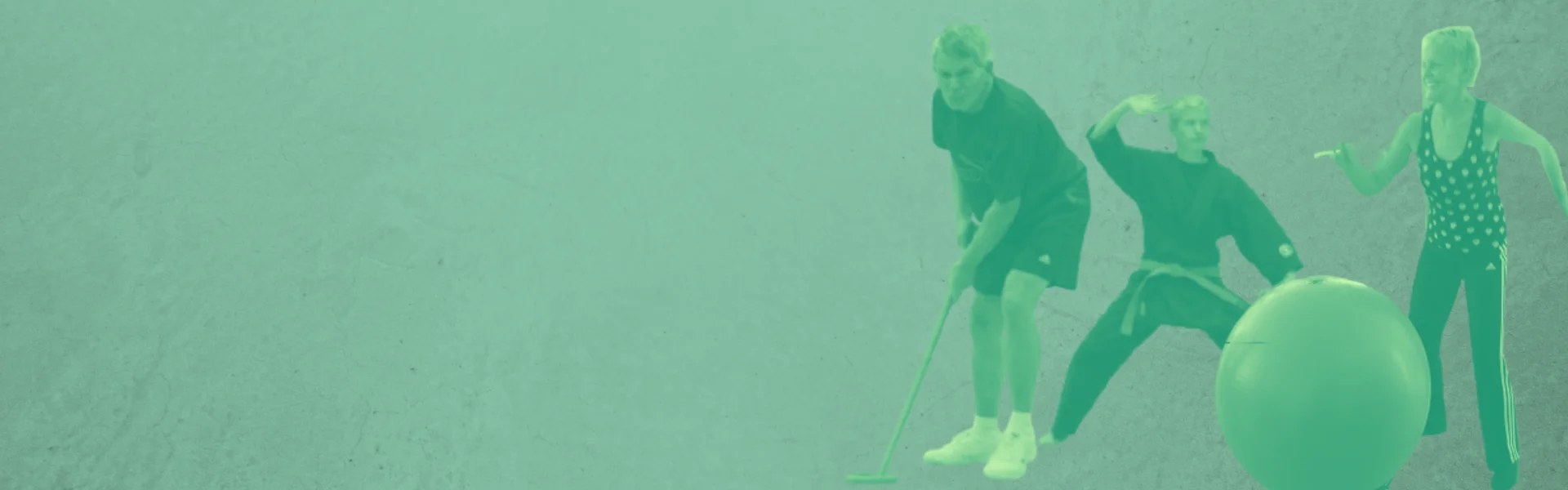 Grüner Banner mit drei Personen beim Sport | zur Startseite