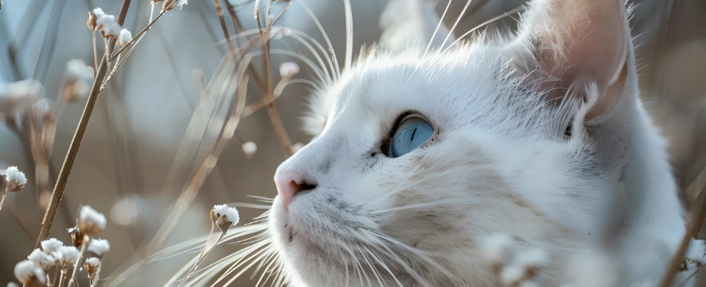 Weiße Katze vor winterlichem Hintergrund