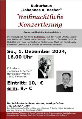 Weihnachtliche Konzertlesung am 1.12.2024 um 16 Uhr