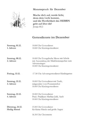 Gottesdienste der Ev. Kirchengemeinde im Dezember (Bild vergrößern)
