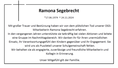 Trauer um unsere Mitarbeiterin Ramona Segebrecht (Bild vergrößern)