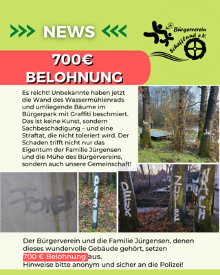 Vandalismus im Bürgerpark und Wassermühle – Belohnung ausgesetzt!