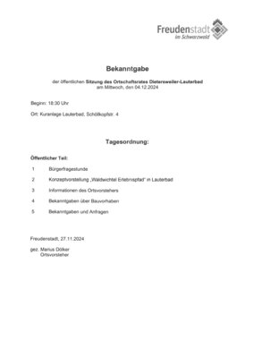 Bekanntgabe der öffentlichen Ortschaftsratssitzung Dietersweiler-Lauterbad am 04.12.24 (Bild vergrößern)
