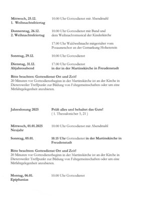 Gottesdienste der Ev. Kirchengemeinde im Dezember und Januar (2.Teil) (Bild vergrößern)