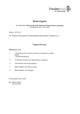 Bekanntgabe der öffentlichen Ortschaftsratssitzung Dietersweiler-Lauterbad am 15.01.25 (Bild vergrößern)