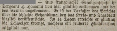 SKTB-Meldung zur Flucht Heinrich Hamanns vom 25.01.1920