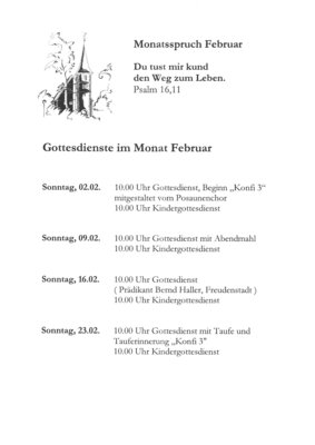 Gottesdienste der Ev. Kirchengemeinde im Februar (Bild vergrößern)