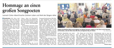 Presseartikel und Fotos zur Veranstaltung "Leonard-Cohen-Abend" am 02.02.2025