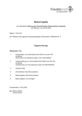 Bekanntgabe der öffentlichen Ortschaftsratssitzung Dietersweiler-Lauterbad am 26.02.25 (Bild vergr&ouml;&szlig;ern)