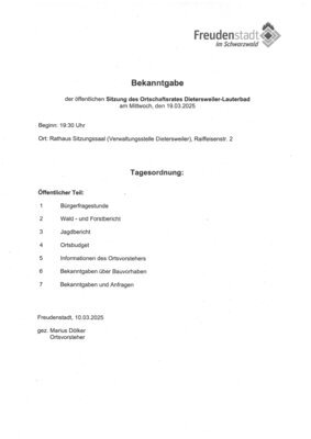 Bekanntgabe der öffentlichen Ortschaftsratssitzung Dietersweiler-Lauterbad am 19.03.25